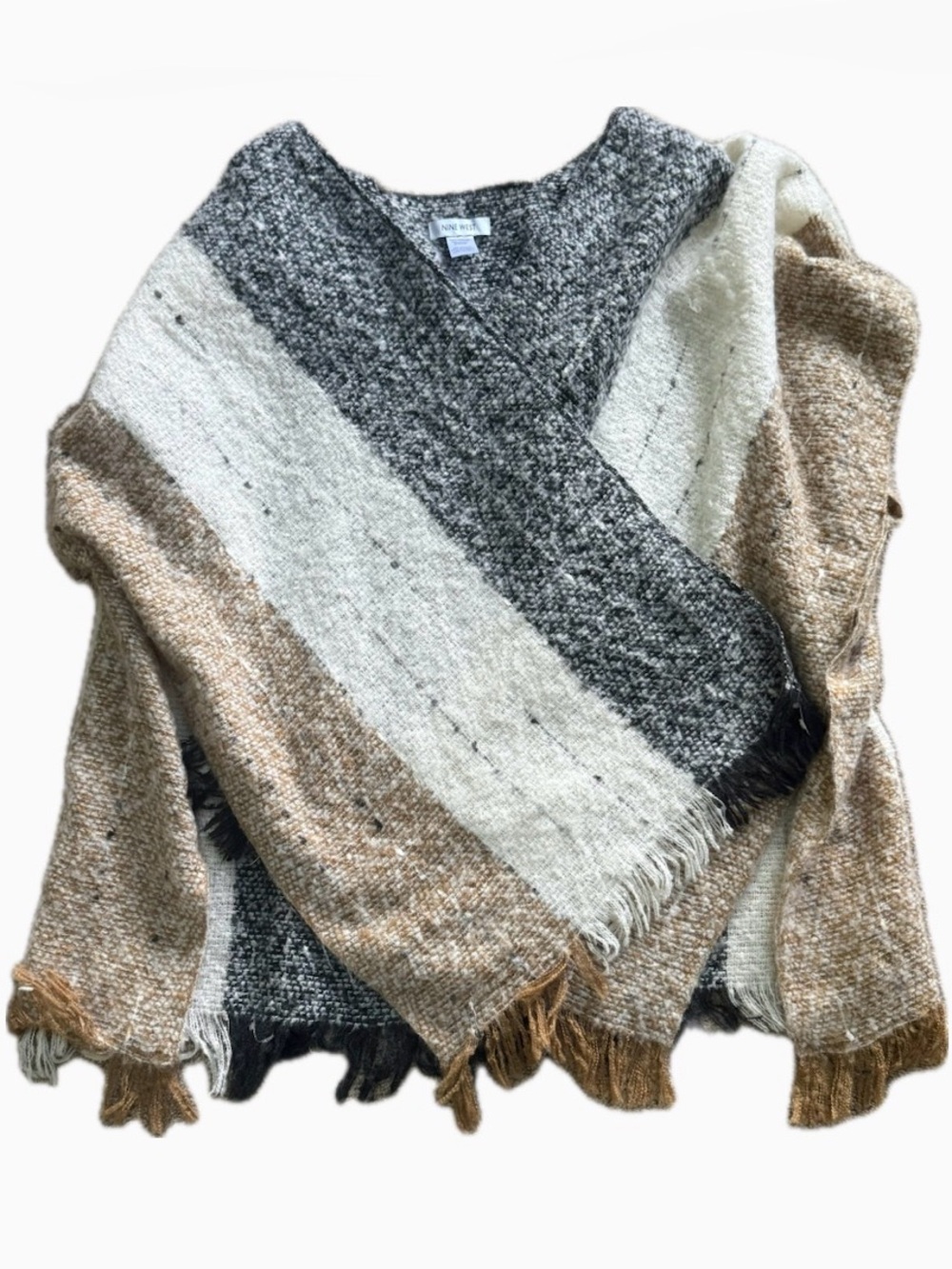 Nine West Striped Fringe Poncho in Cream, Gray & Brown SOOO SOFT!